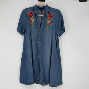 Aqua Chambray Denim Shirt Dress Embroidered Floral Button Front S Boho Casual